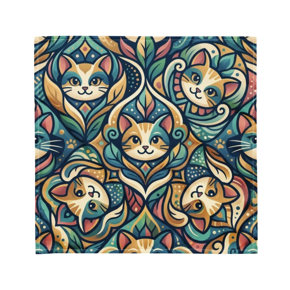 Seamless pattern of stylized cat faces framed by teal and gold Art Nouveau leaf motifs.