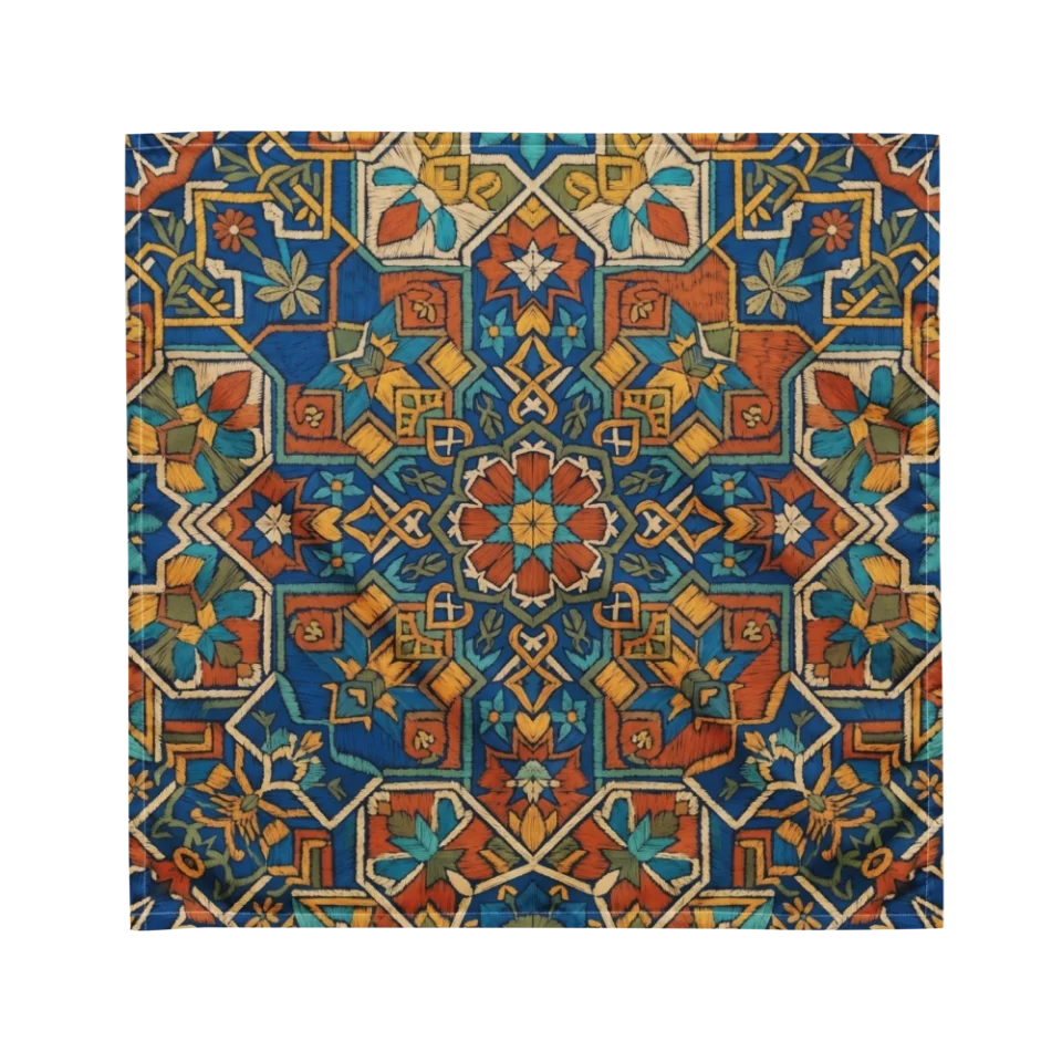 An intricate embroidered Moroccan zellige tile pattern in blue, orange, and gold.