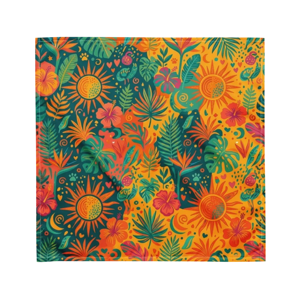 A seamless repeating pattern of tropical leaves and sun shapes in warm orange, green, and gold.