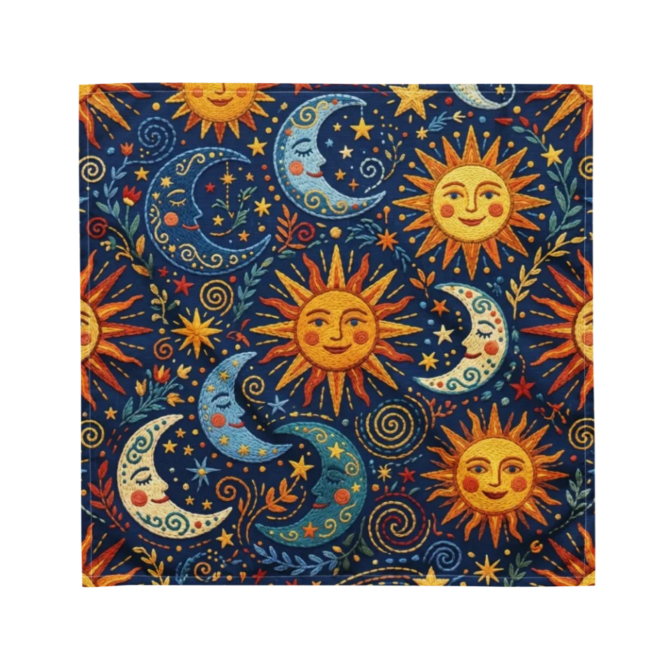 A seamless pattern of stylized, hand-stitched golden solstice suns in a repeating celestial design.