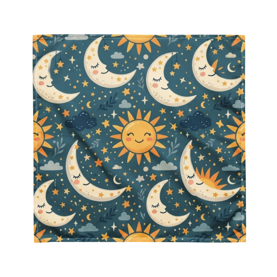 A seamless pattern of smiling golden suns and sleepy crescent moons on a pastel background.